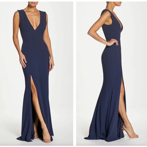 DRESS THE POPULATION Sandra Mermaid Gown Midnight Navy Blue {C52} - Picture 3 of 11